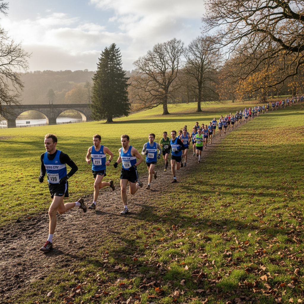 Leeds City Athletics Club runners racing through a parkland cross-country course