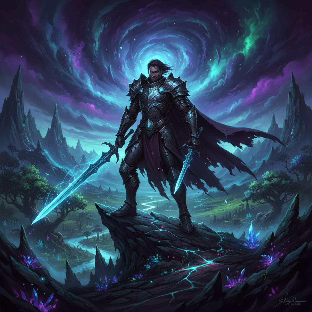 Dark fantasy warrior with glowing sword in a mysterious forest realm