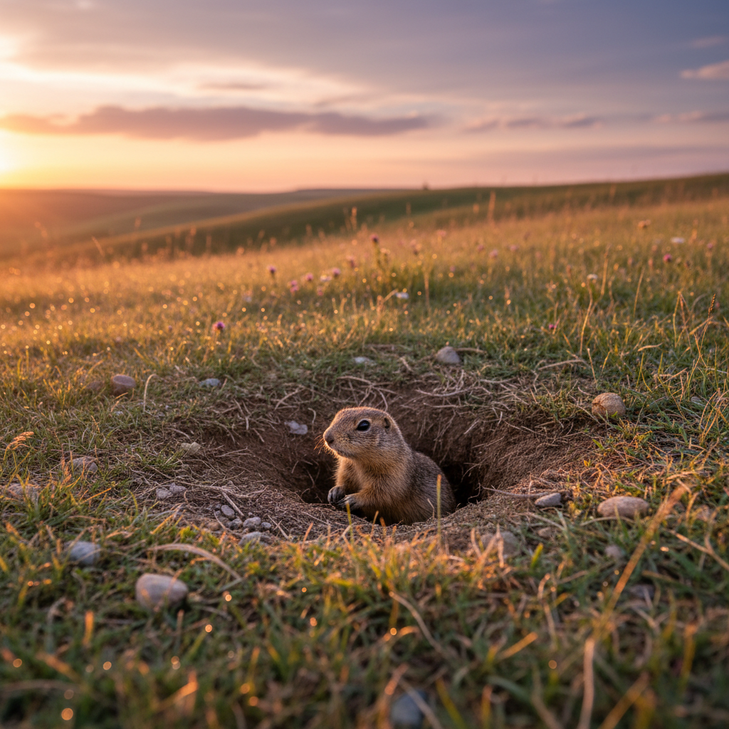 Small mammal emerging from burrow in grassland at dusk