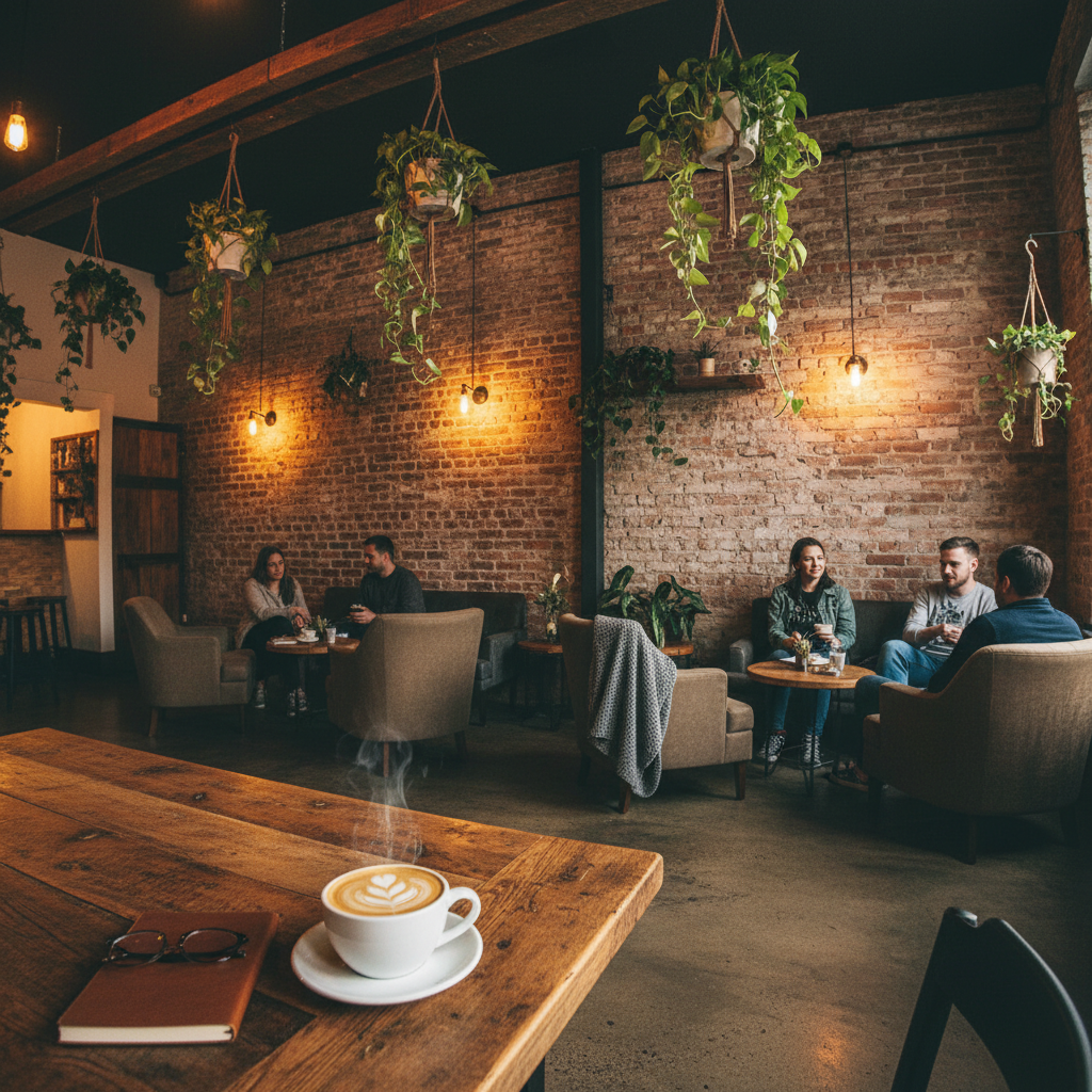 Warm-lit cozy coffee shop interior with wooden tables, dark espresso bar, atmospheric amber lighting