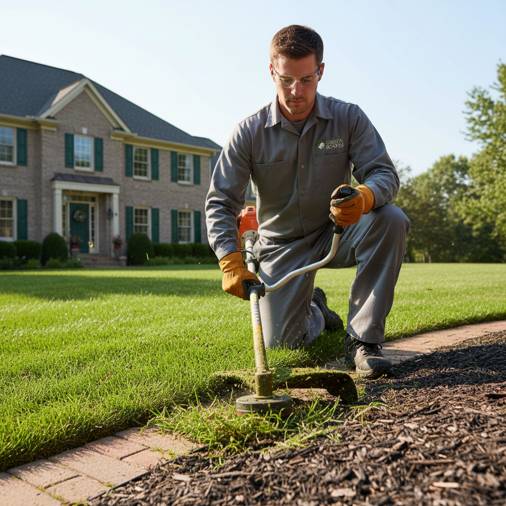 Professional outdoor property maintenance worker carefully tending to a lush, well-kept garden bed