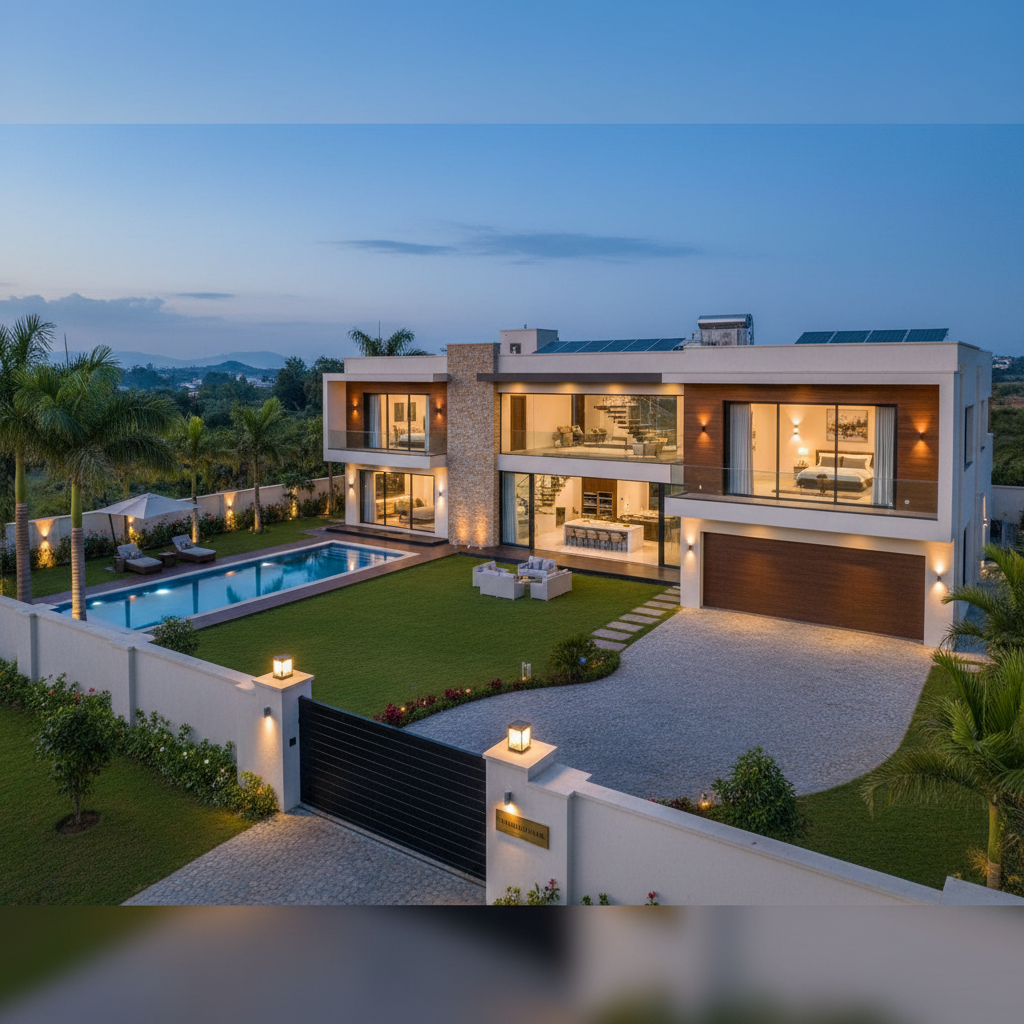 Modern luxury villa exterior at dusk, dark sky, dramatic uplighting on white facade, deep shadows on landscaping