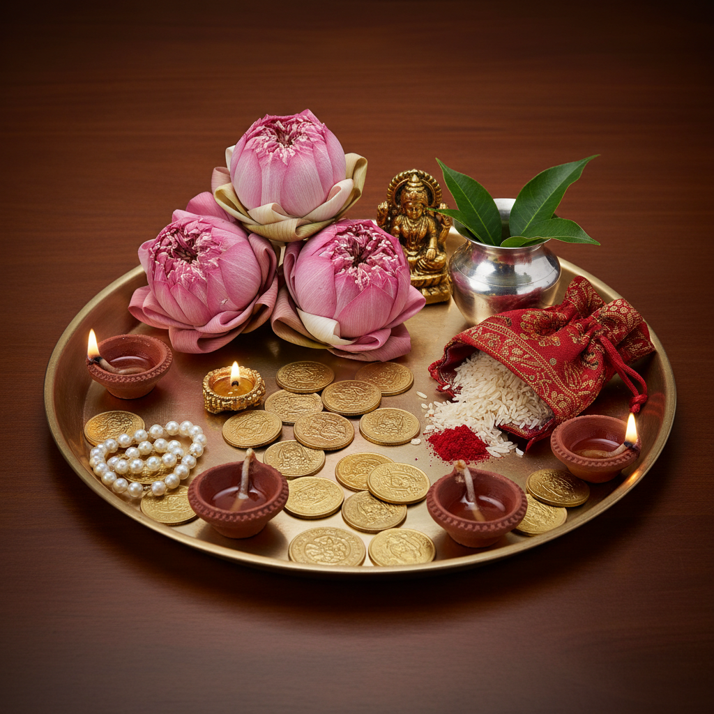 Lakshmi puja ceremony with traditional lamps, flowers, and wealth symbols for prosperity blessings