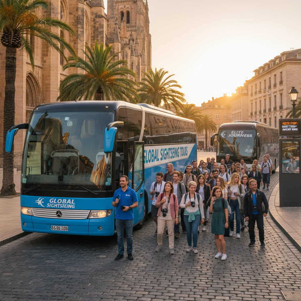 Tour bus service for sightseeing group, charter bus for guided tour transportation and multi-stop itinerary