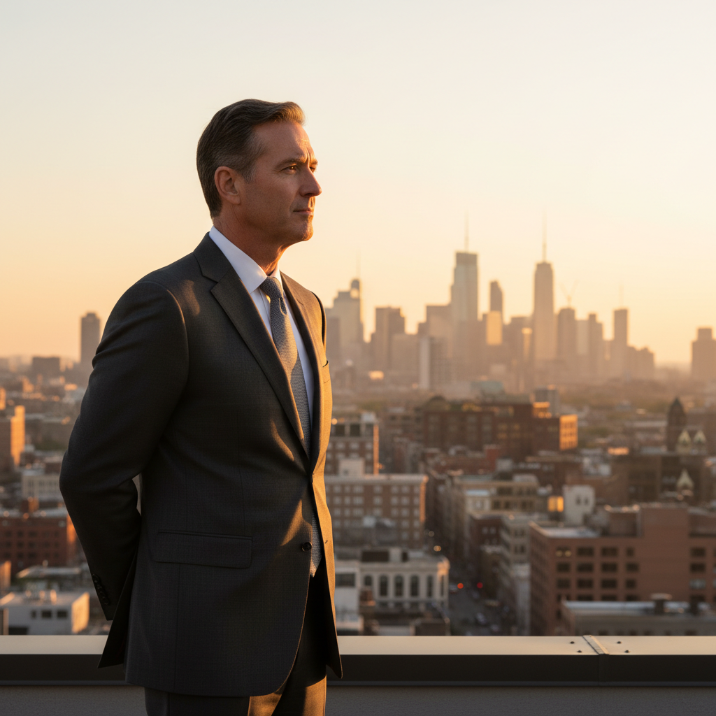 Modelo masculino con traje formal oscuro en ambiente de ciudad moderna al atardecer
