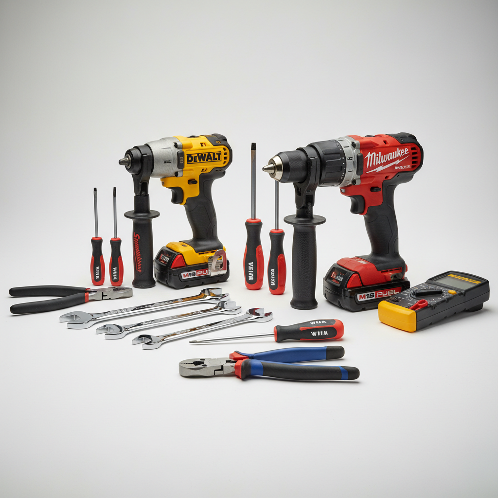 Scule și unelte de bricolaj inclusiv cheie și șurubelniță pe fundal gri