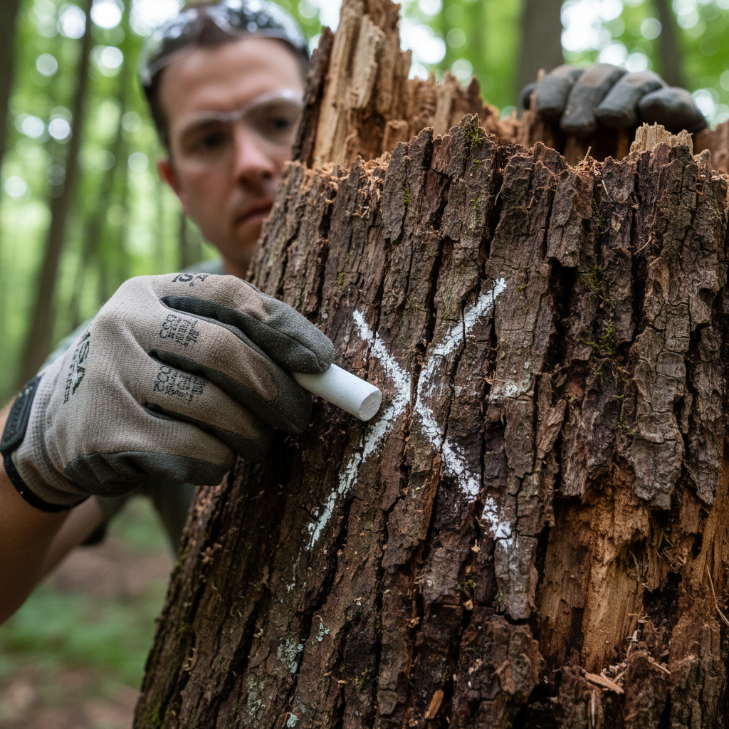 Certified arborist marking a damaged tree trunk with chalk for removal assessment