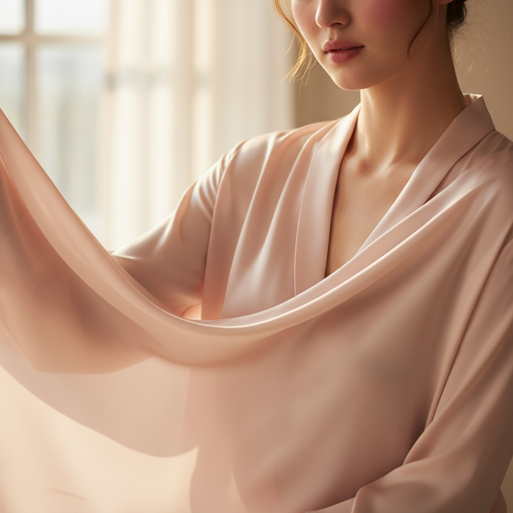 Woman in delicate silk camisole top in soft blush pink tones, bright airy room