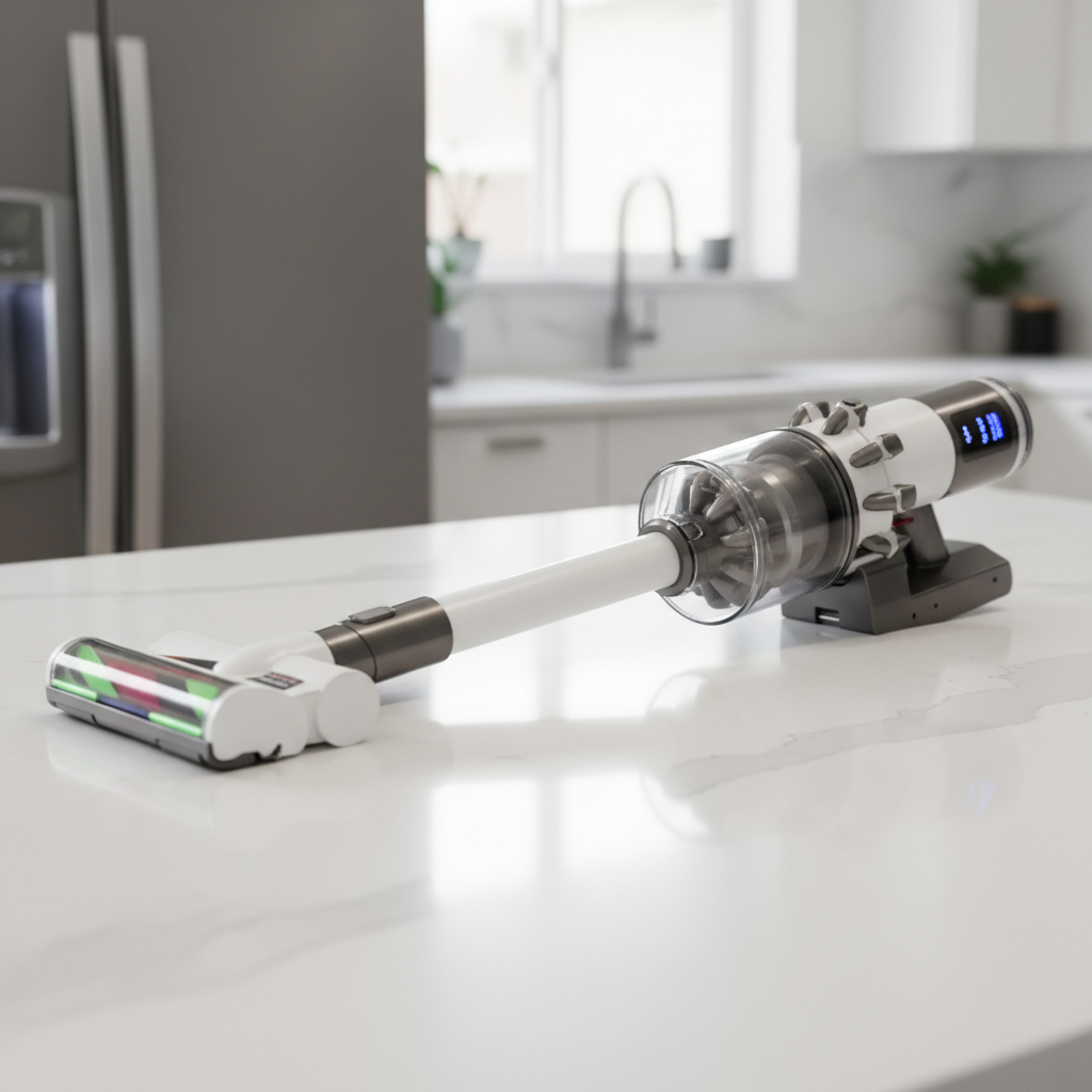 Dyson V15 cordless vacuum standing upright on light wood floor in bright modern home