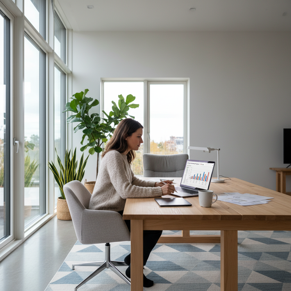 Professional woman working at organized desk with laptop and papers in warm natural light, bright airy home office