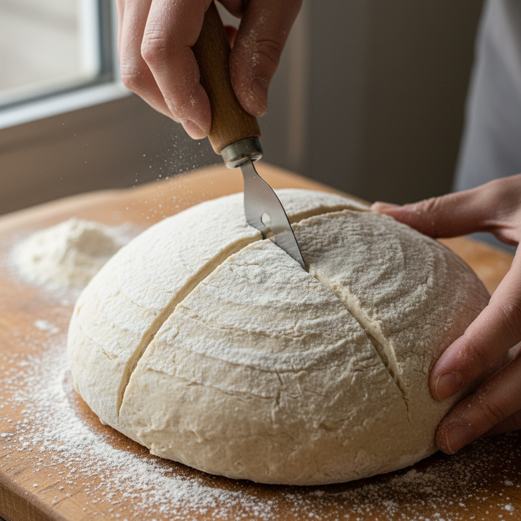Hands scoring a raw sourdough boule with a lame blade, flour dusted on a dark linen couche