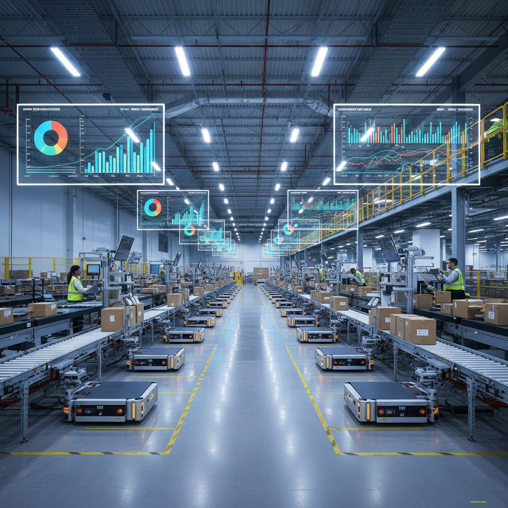 Business intelligence dashboard displaying warehouse KPIs with charts showing order fulfillment rates and inventory turnover
