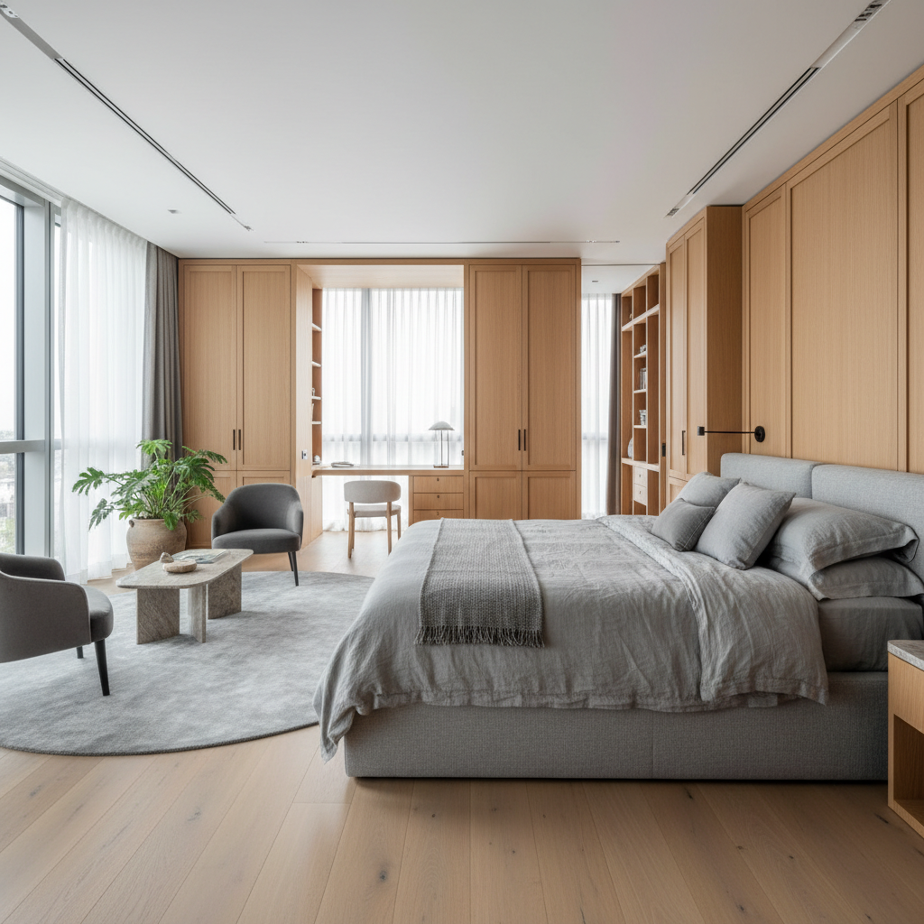 Elegant master bedroom suite with bespoke furnishings and natural light in Sandhurst luxury residence