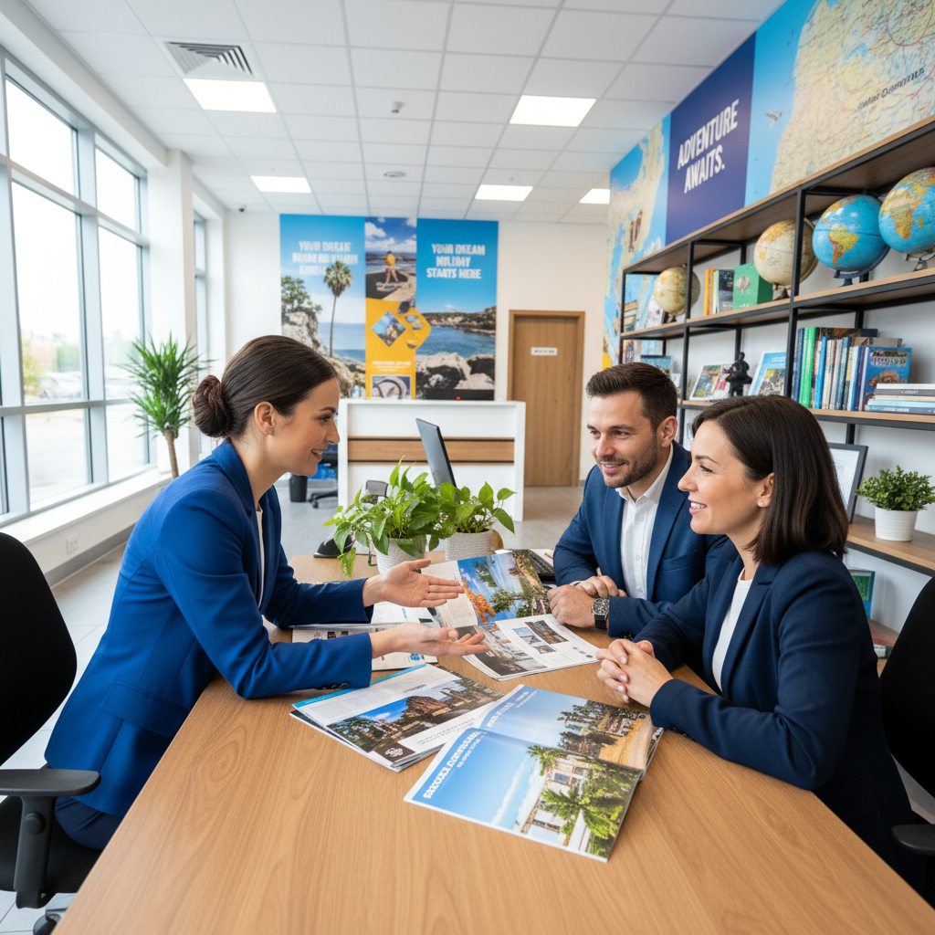 Travel consultant helping clients plan their dream vacation in a modern office