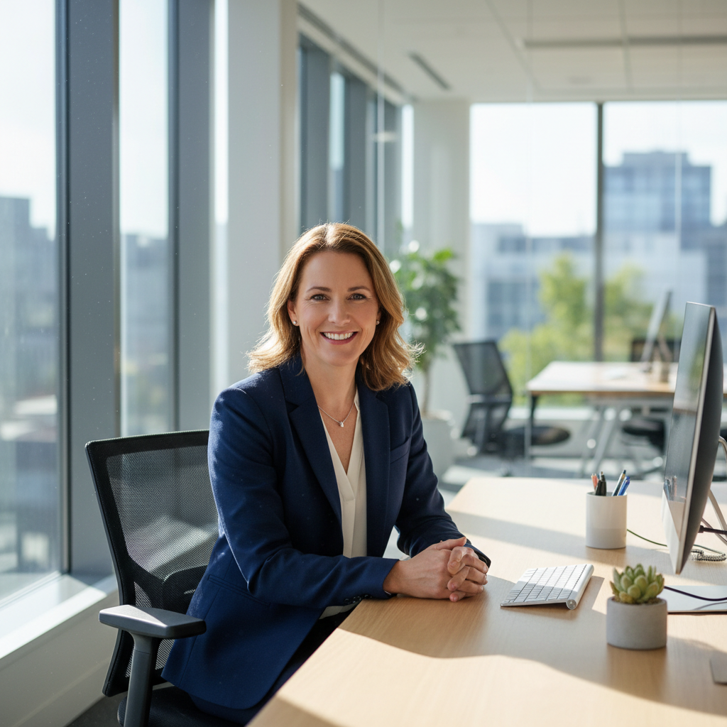 Working professional smiling at bright office desk, warm afternoon sunlight through window