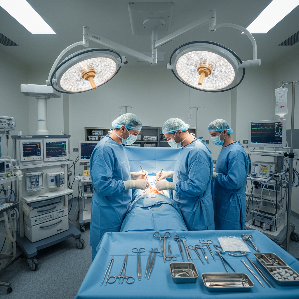 Modern veterinary surgical suite with advanced equipment, clean sterile environment, professional operating room setup, dim focused lighting