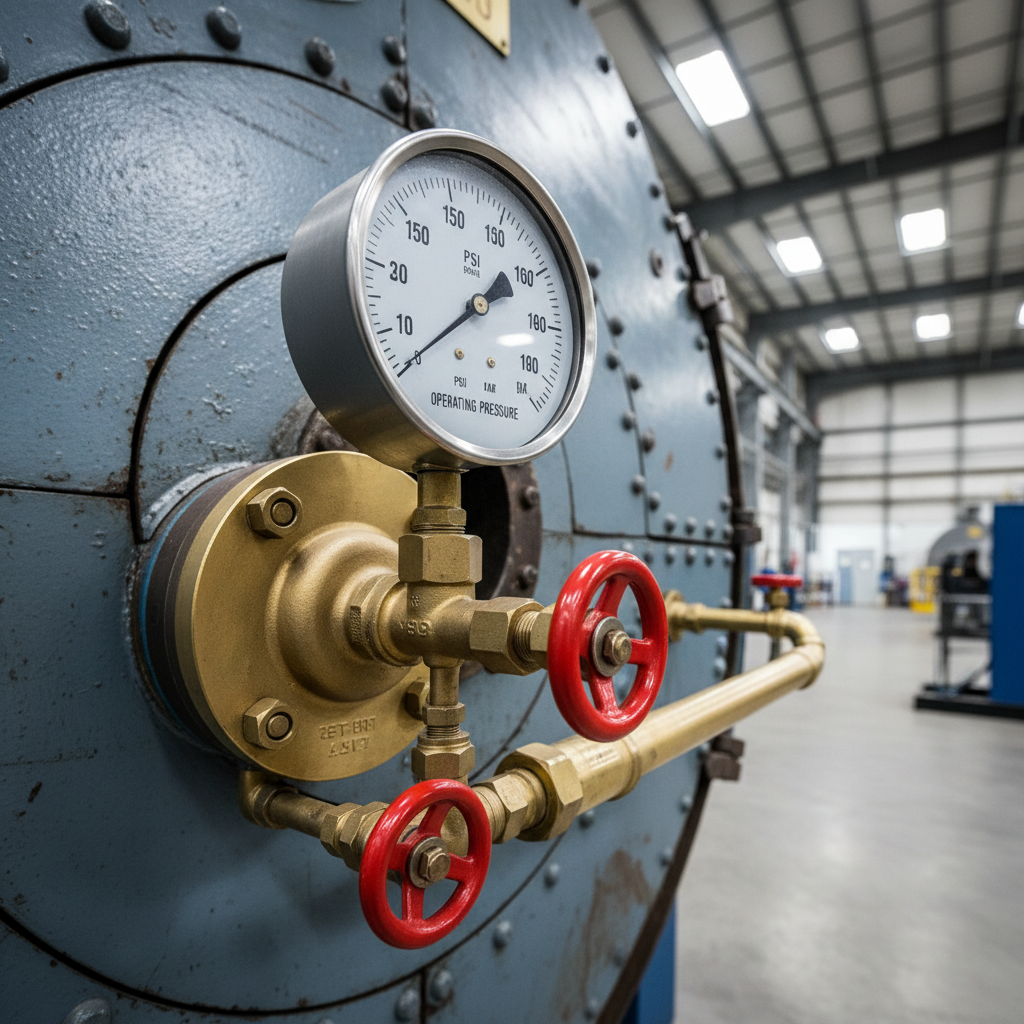 Pressure gauge and valve assembly on a large industrial boiler showing operating pressure in a clean boiler room