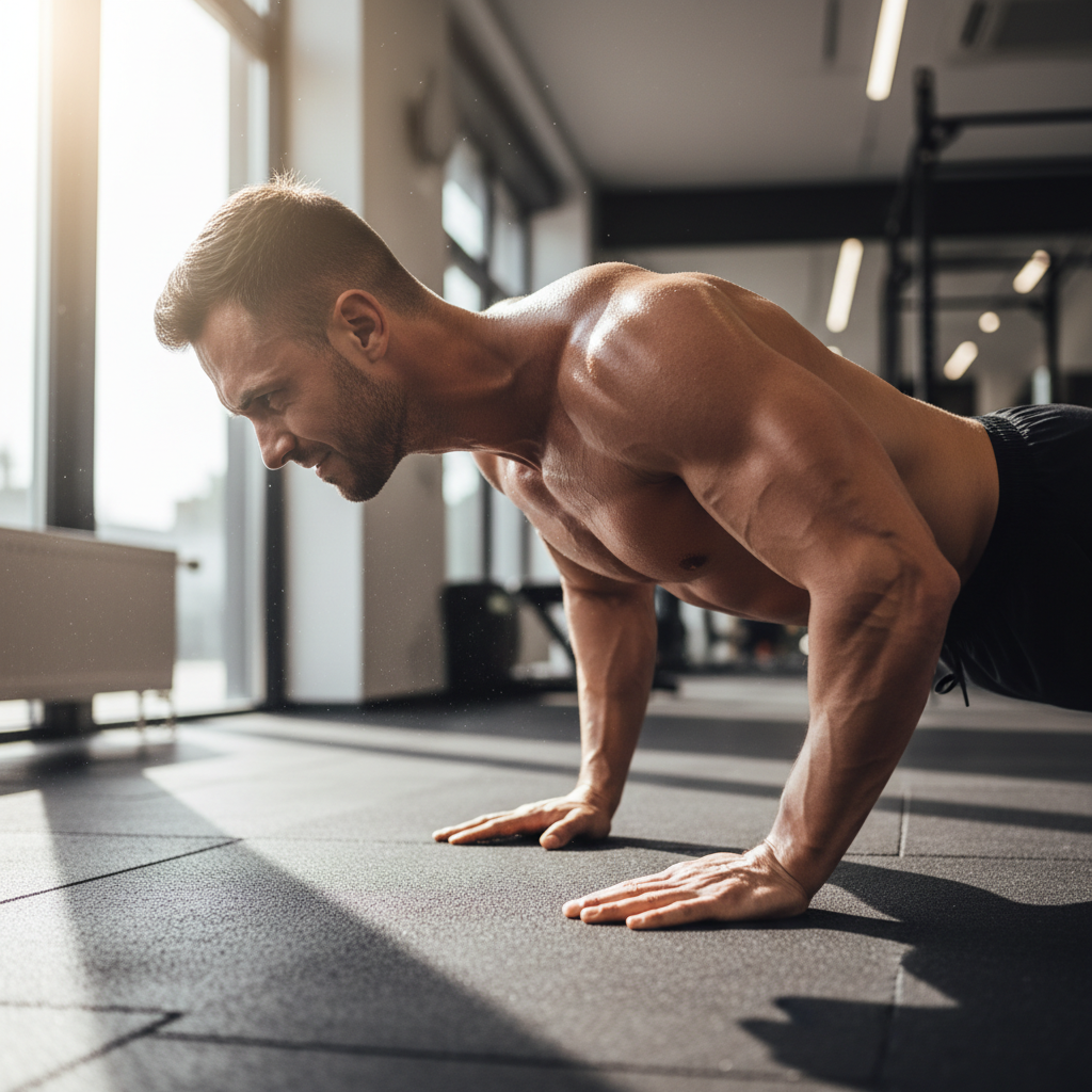 Person doing push-ups on gym floor, focused form, bright training environment