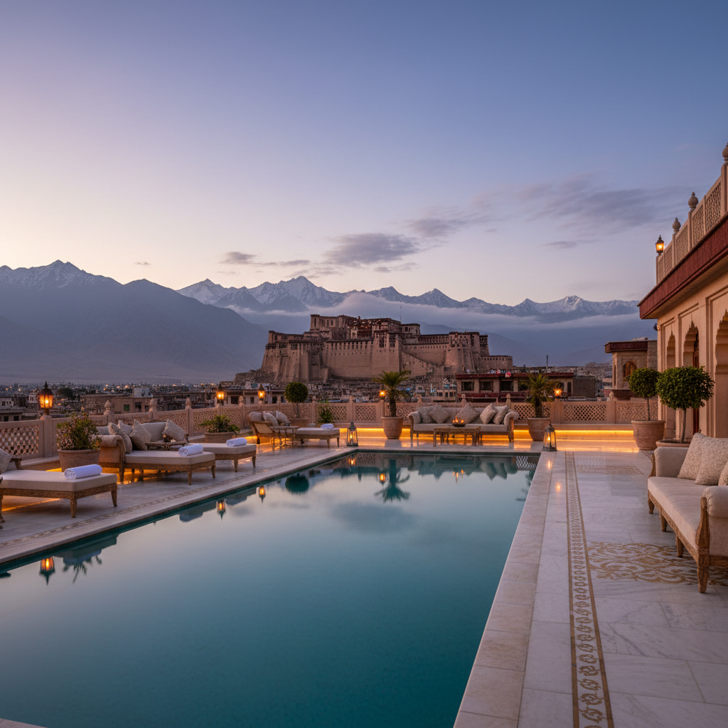 Luxury suite terrace with private plunge pool, white linen daybed, panoramic view of palace gardens and distant Aravalli hills at dusk
