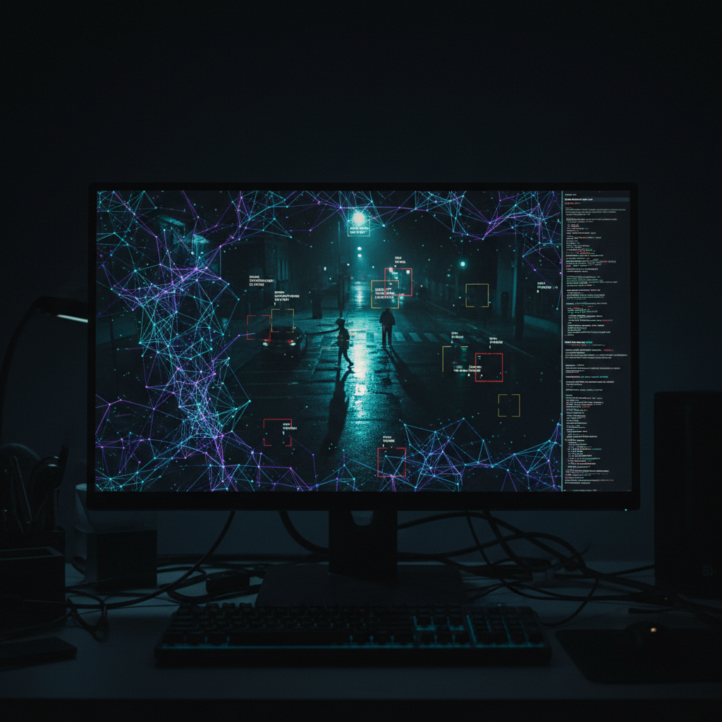 Glowing AI neural network visualization on dark background, deep shadows, blue data streams, atmospheric tech environment