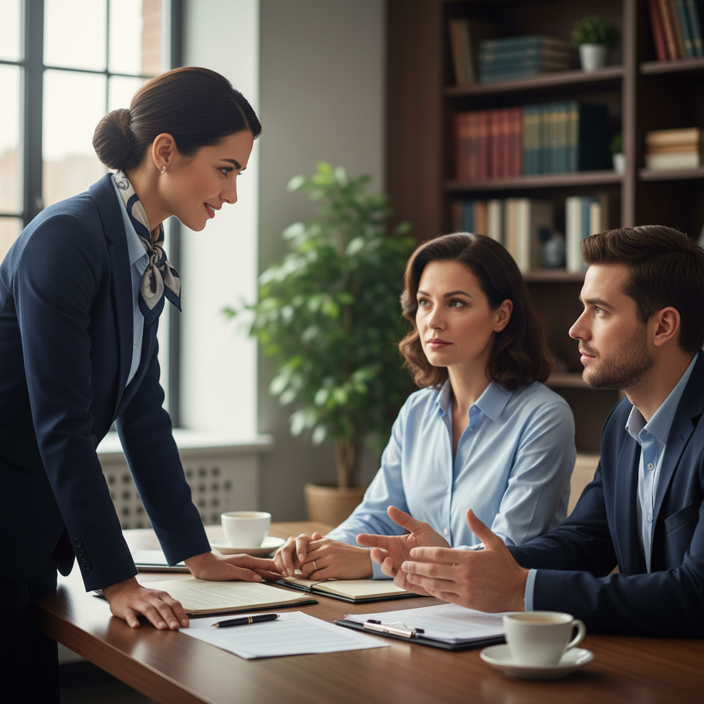 Abogada atendiendo a una familia en consulta jurídica