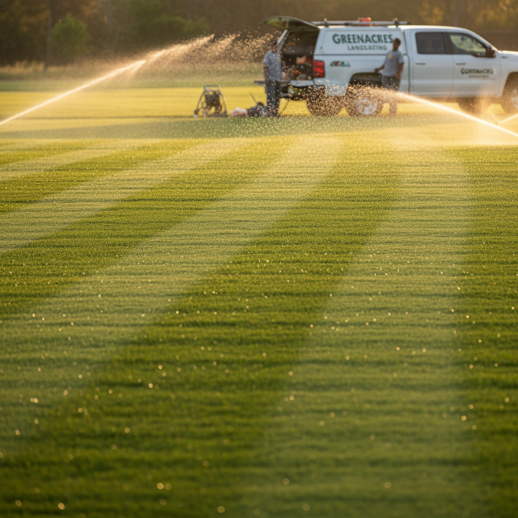 Freshly striped commercial St. Augustine lawn at golden hour with sprinkler mist catching early light, crew truck soft-focused in background with tailgate down