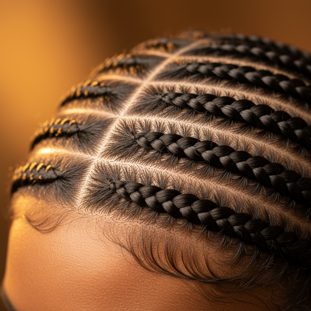 Detailed cornrow pattern on head, dark studio atmosphere, precision braiding, deep shadows
