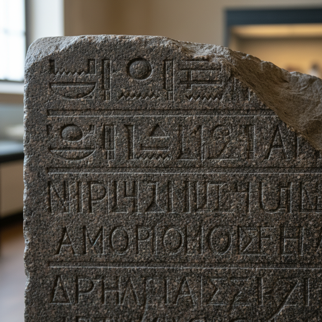 Dark grey granodiorite stone slab with three scripts carved in parallel rows, ancient Egyptian decree