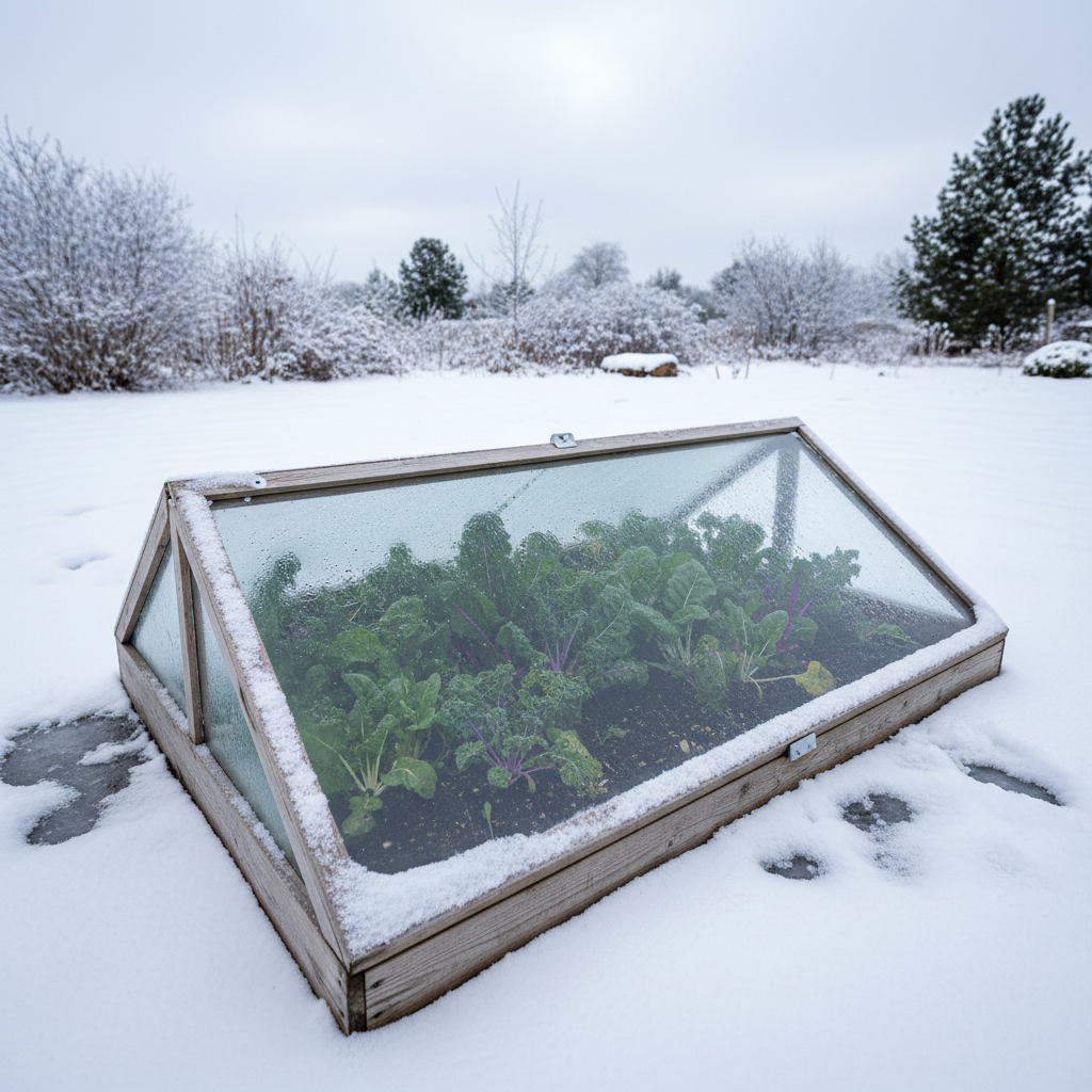 Cold frame with glass lid protecting winter greens in a snowy garden