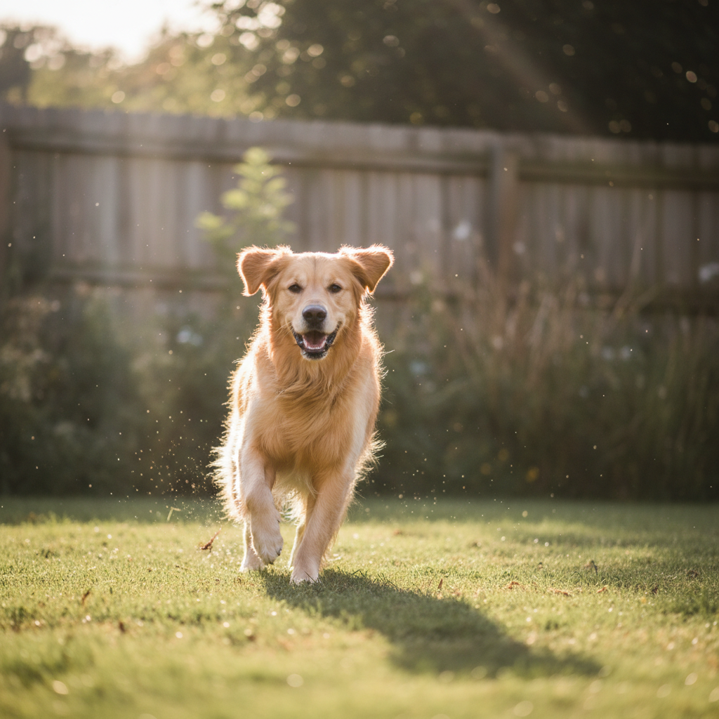 Happy golden retriever dog running in a sunny green park, vibrant warm sunlight, joyful and energetic outdoor scene