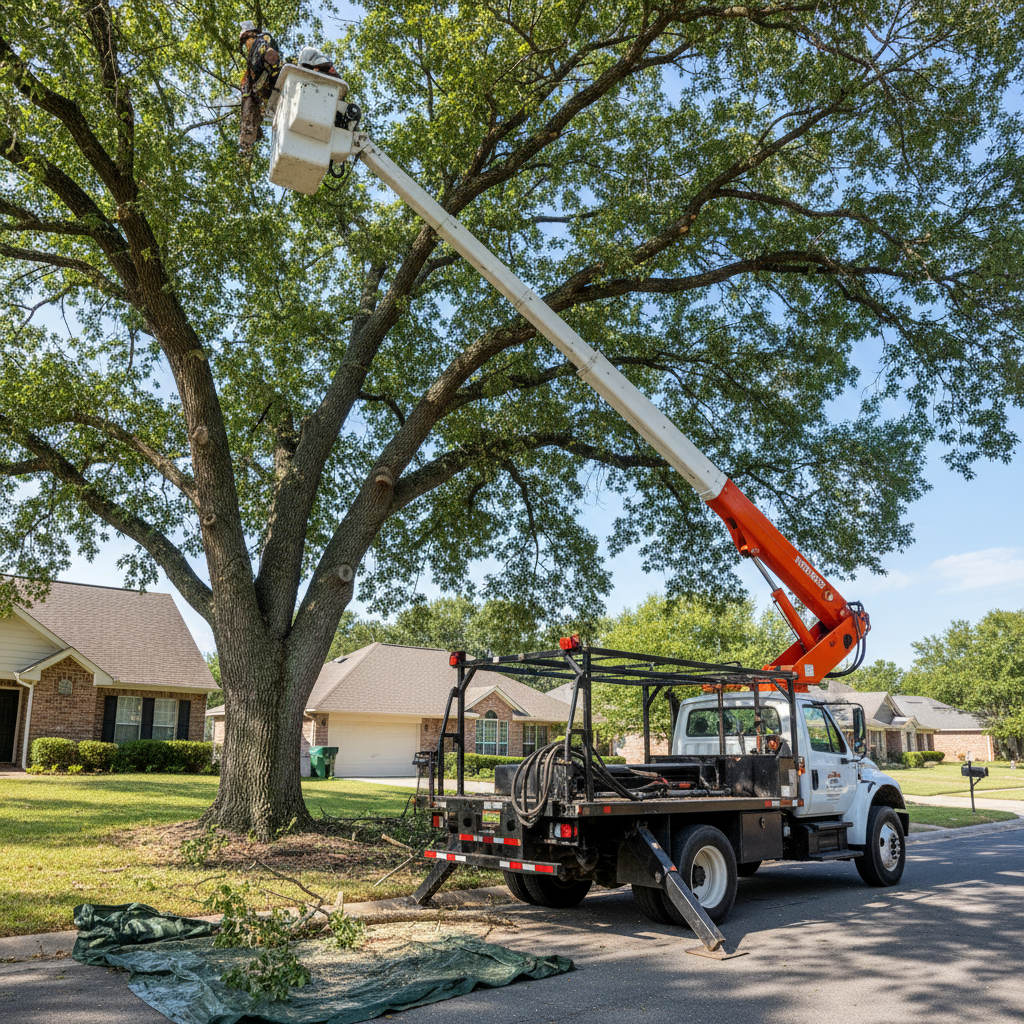 Tree service aerial lift bucket truck positioned next to a large street tree in a New York City neighborhood