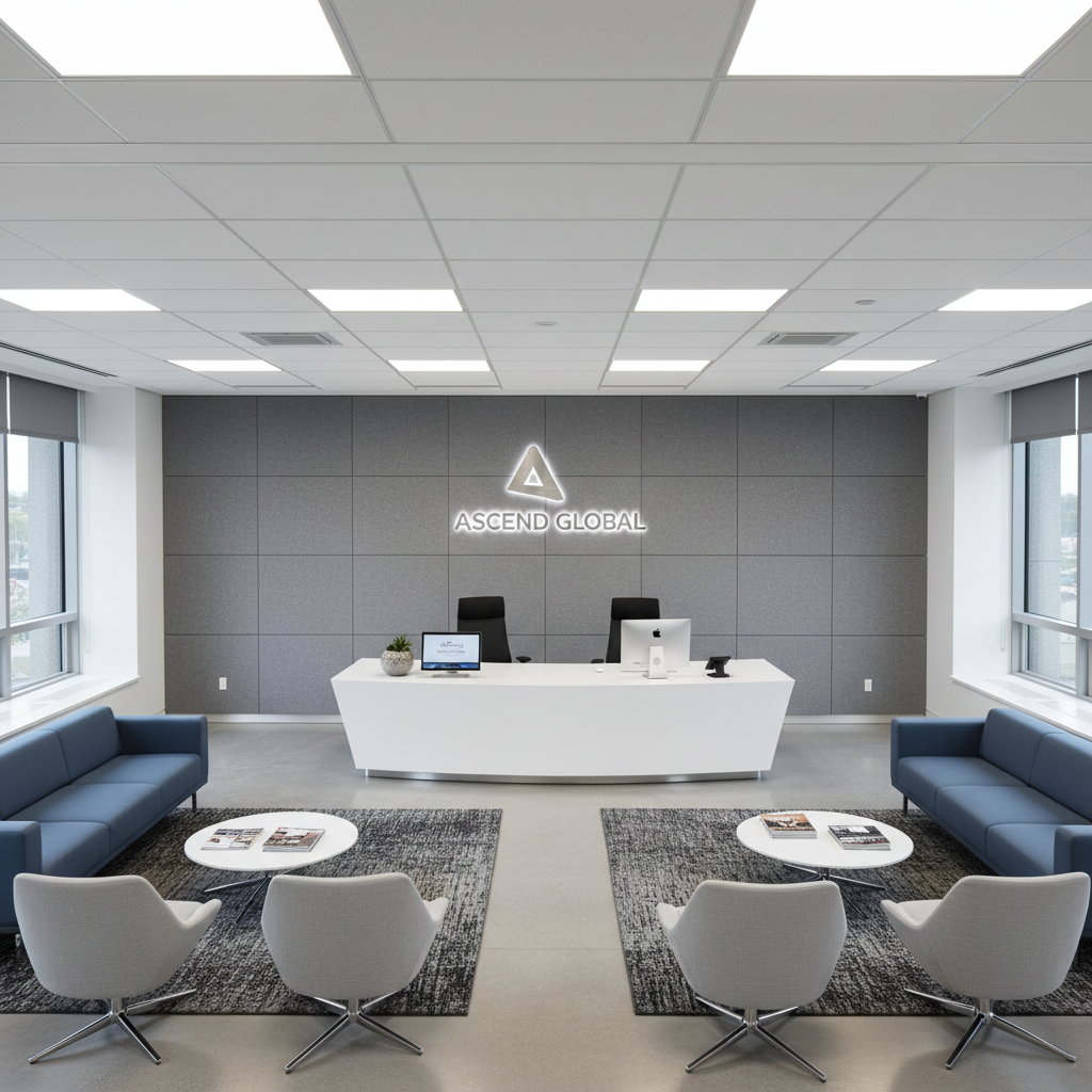 Modern corporate office reception and meeting area, bright well-lit professional business environment with clean white interior