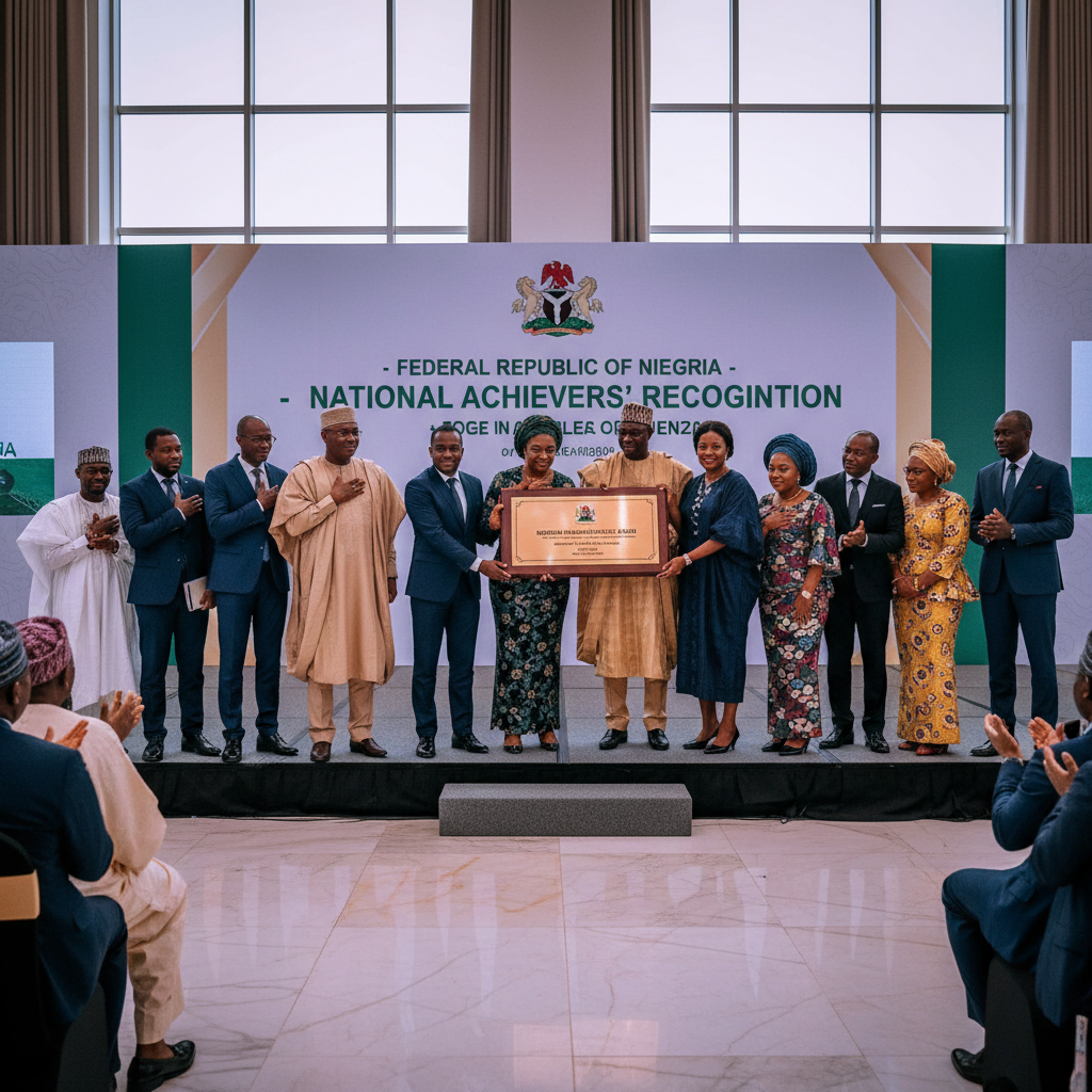 JJHF team receiving award from Nigerian government officials at formal ceremony
