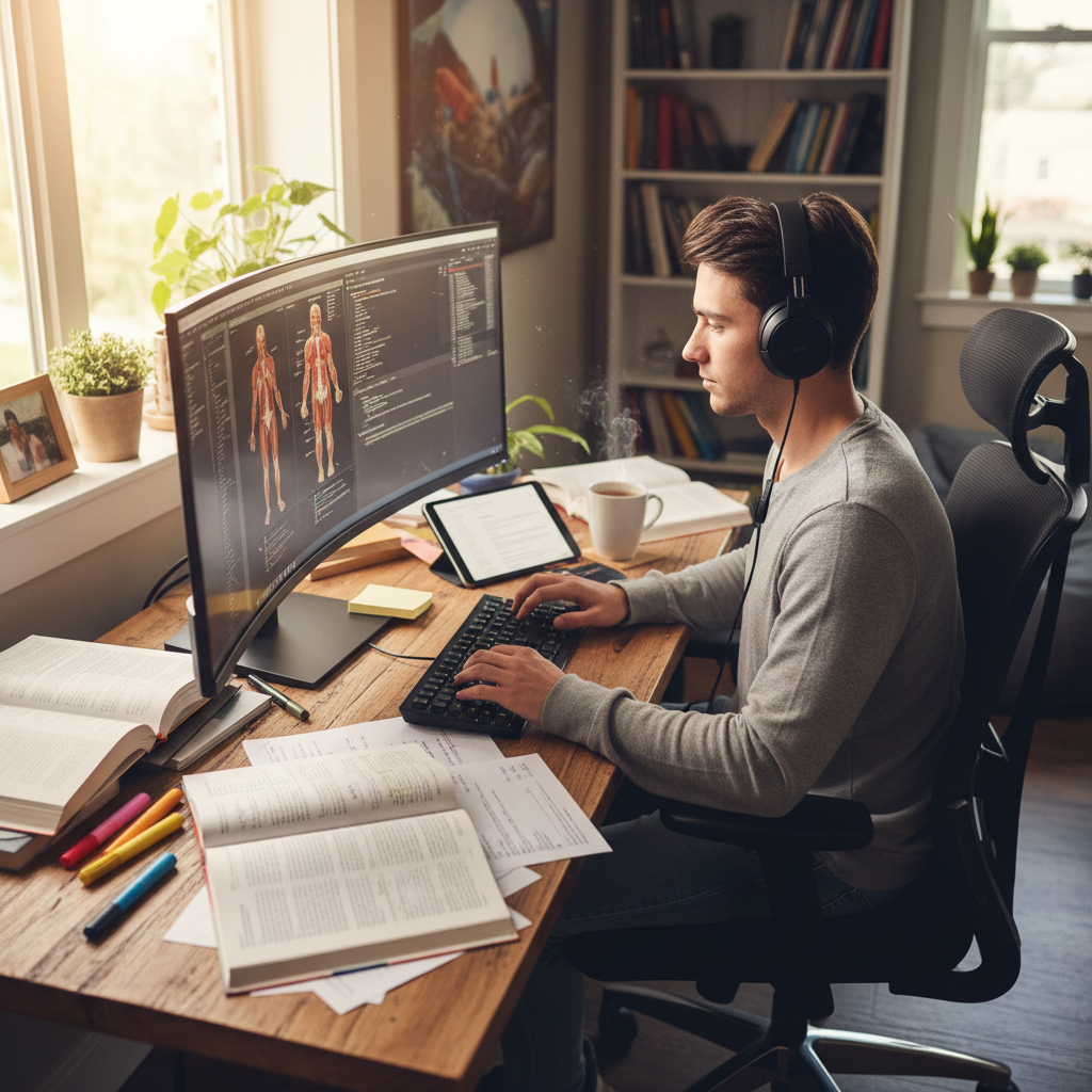Student in headphones focused on laptop screen in a cozy quiet study space