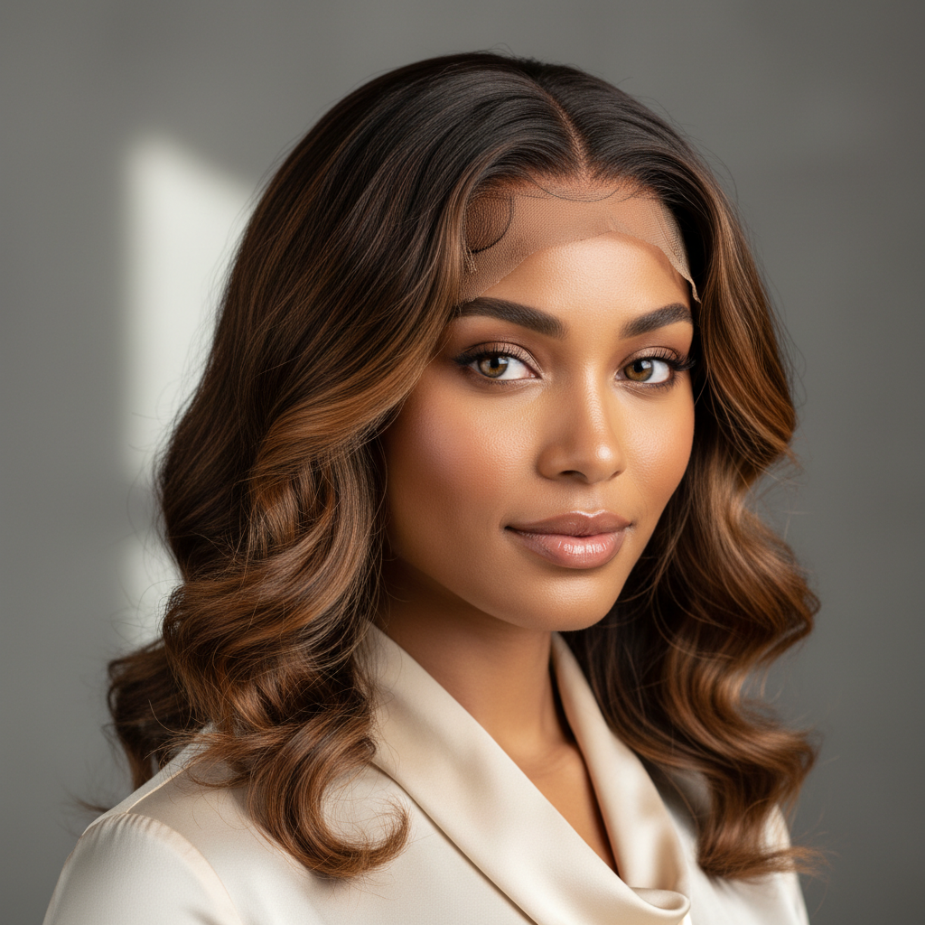Woman with a flawlessly installed lace front wig, bright professional studio background