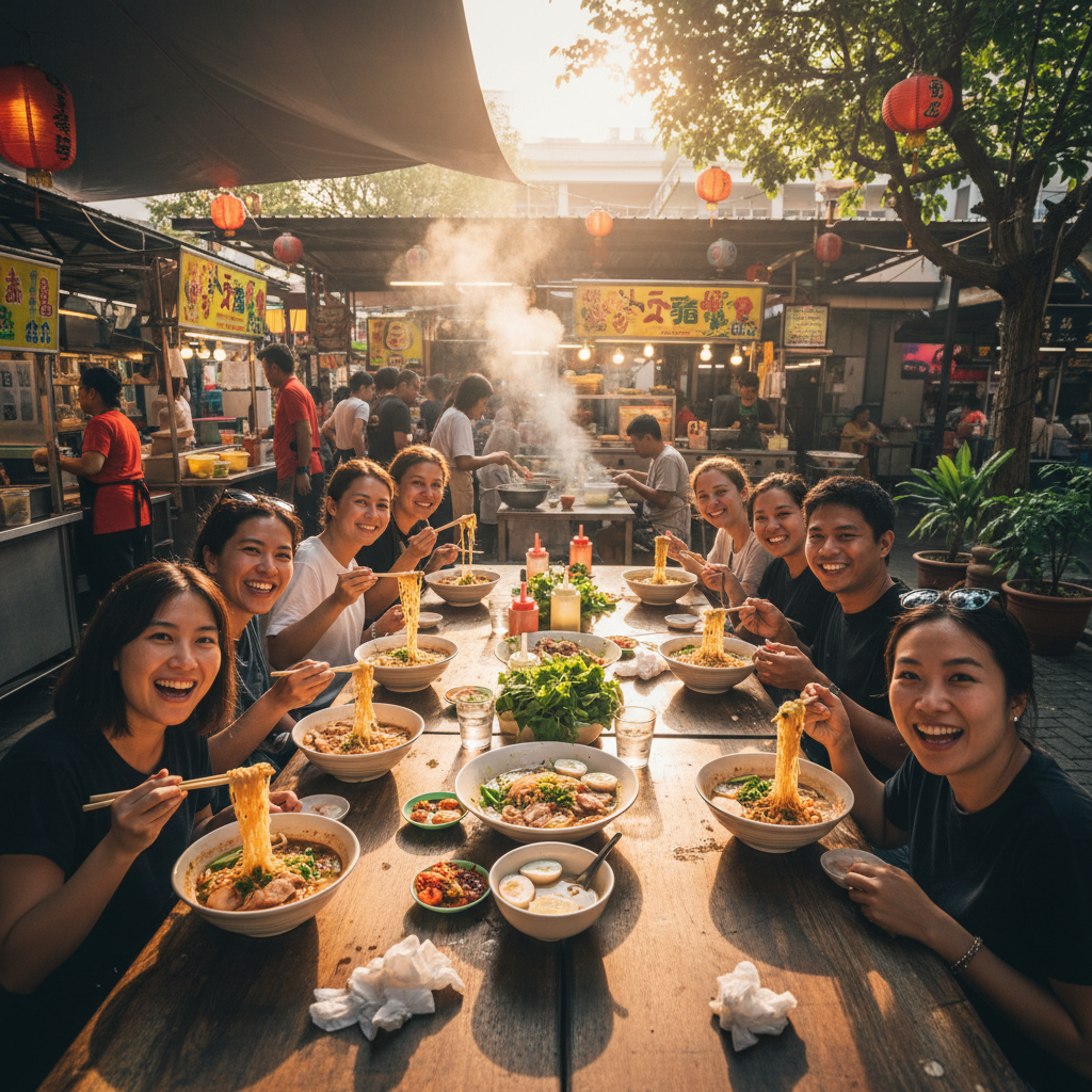 Happy customers eating noodles at outdoor food court table