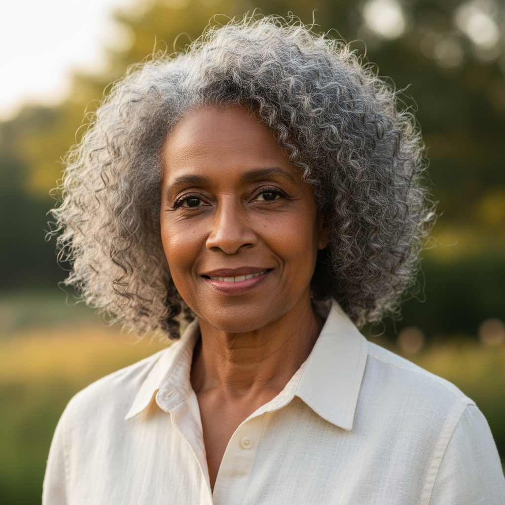 Diane Holloway, a woman in her early fifties with warm brown eyes and shoulder-length hair, photographed outdoors in soft daylight