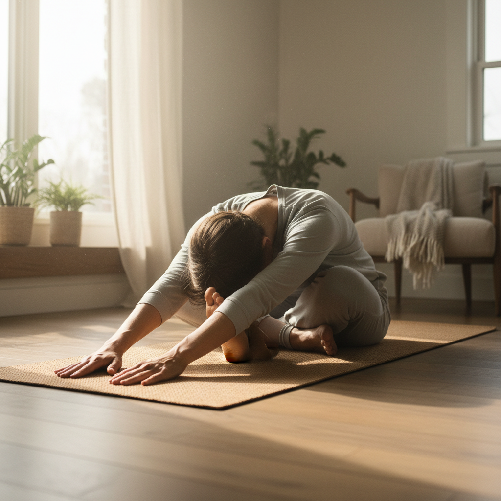 Person doing gentle stretching on a yoga mat, peaceful indoor space