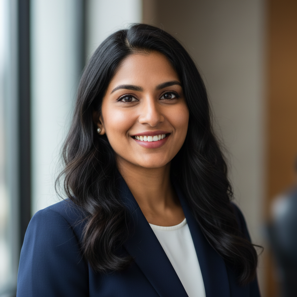 Professional Indian woman with long dark hair in navy blazer smiling at camera in modern office