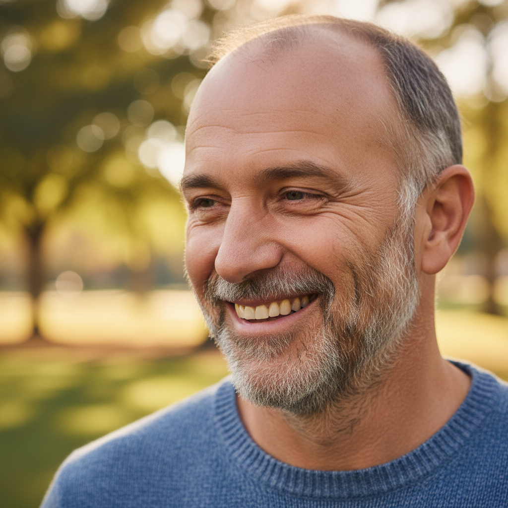 Man in his 40s, candid smile, slight head tilt, genuine warmth
