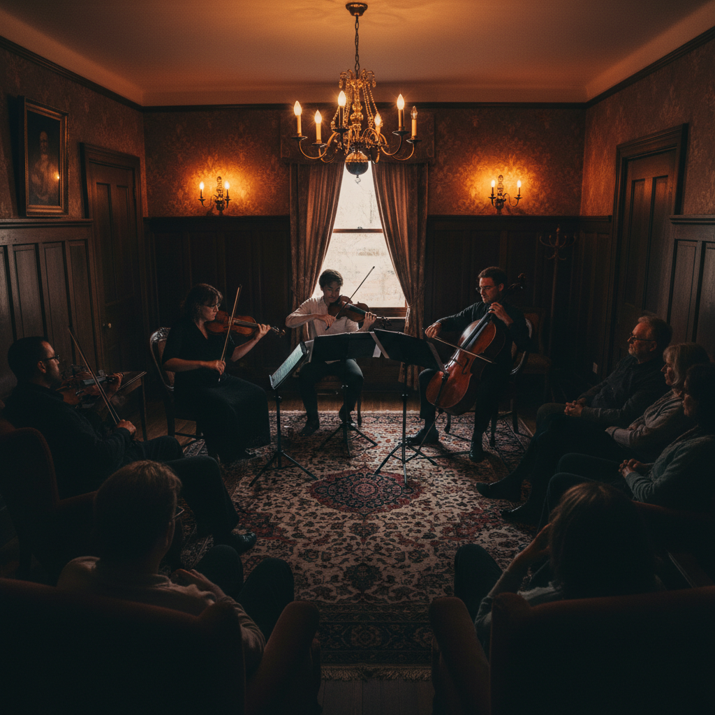 String quartet performing in intimate salon, warm amber lighting, dark wood paneling, moody atmospheric shadows