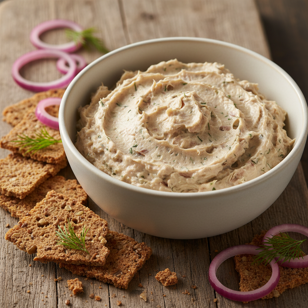 Cold-smoked fish on dark rye bread with horseradish cream and pickled cucumber