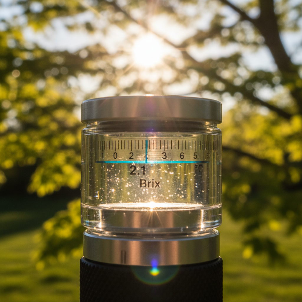 Close-up of a brix refractometer being held up to sunlight, showing a sap reading of 2.1 degrees