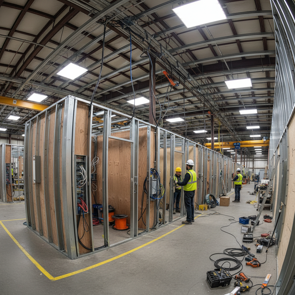 Interior of prefab module under construction on factory floor, workers installing electrical systems