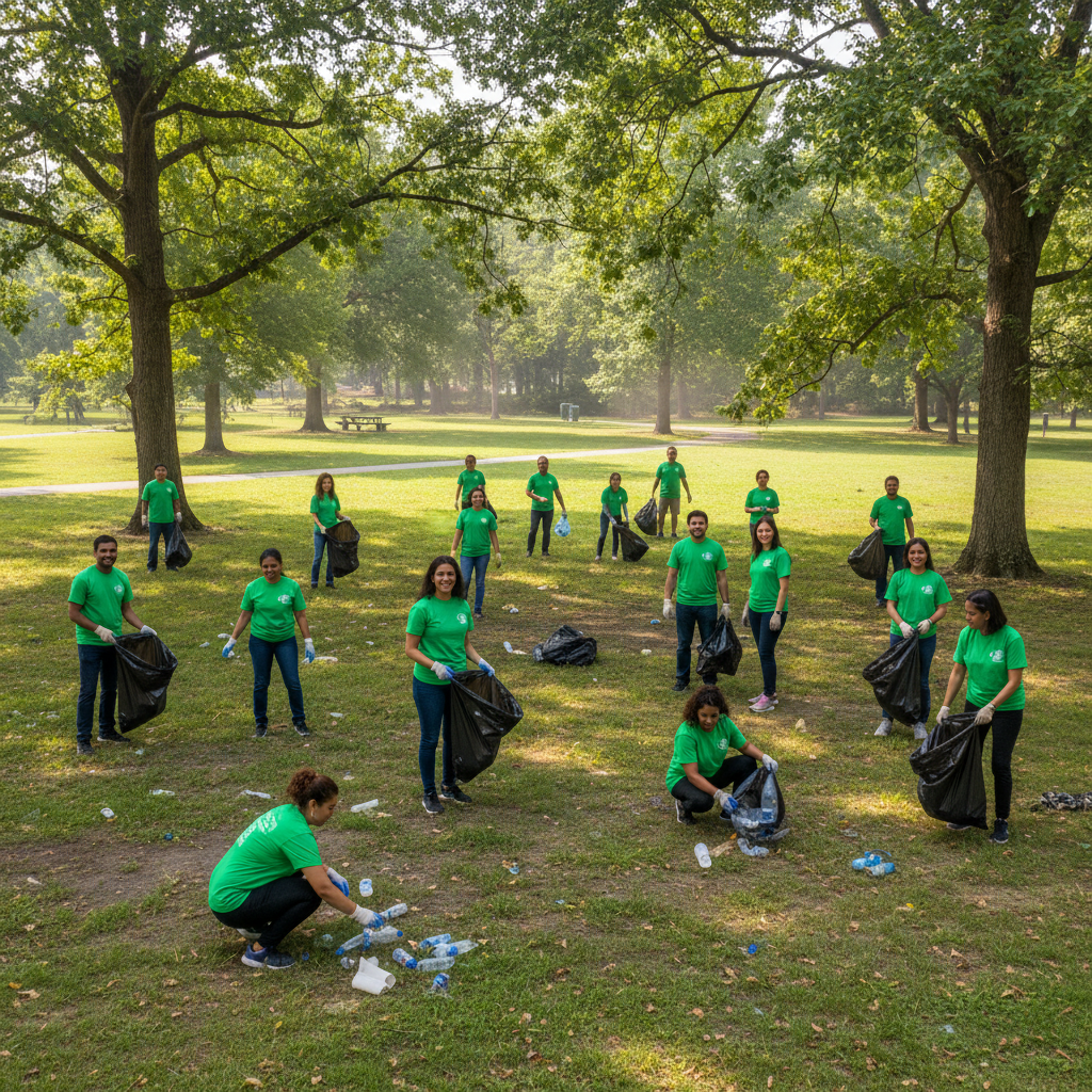 Group of volunteers in matching shirts working together outdoors at dusk, dark tree line, long evening shadows