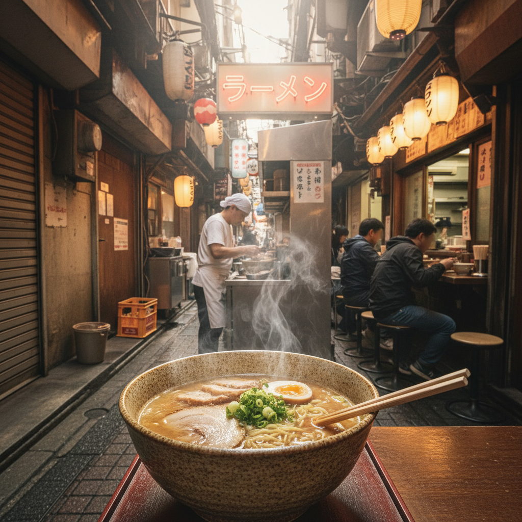 Traditional Japanese ramen bowl with steam rising, authentic Tokyo restaurant, dark moody atmosphere