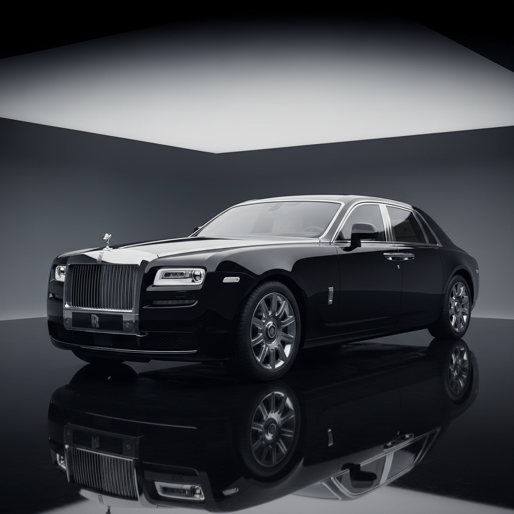 Rolls-Royce Phantom 2023 in White, long wheelbase luxury sedan front three-quarter view, Spirit of Ecstasy gleaming