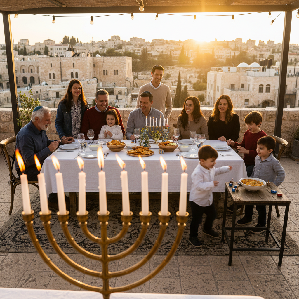 Family gathered on a lamplit Jerusalem terrace with a glowing hanukkiah, plates of latkes, and children laughing at golden hour