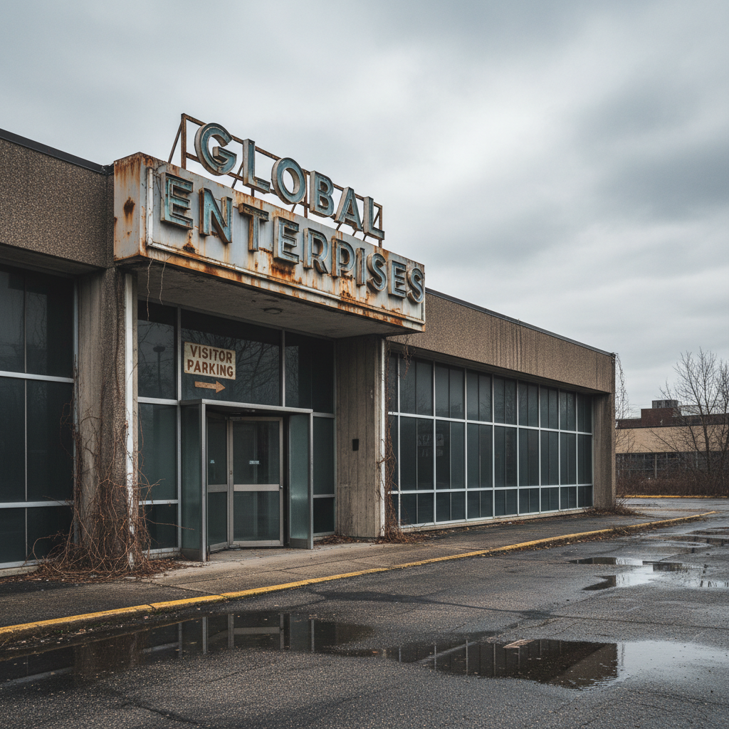 Empty commercial office building exterior with vacant signage