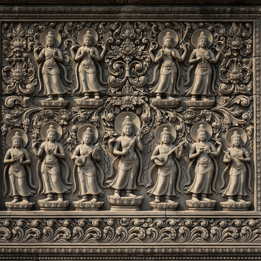 Stone carvings of celestial beings and floral motifs on temple exterior wall